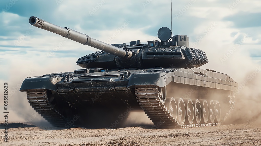 A tank driving across a desert. A tank driving across a desert.