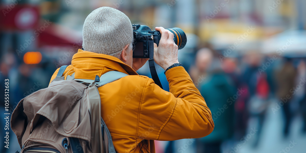 A person in a winter coat takes photos on a busy city street, surrounded by blurred crowd scenes and vibrant life.