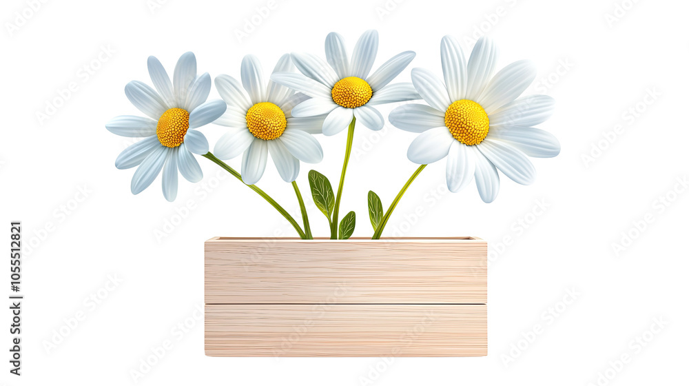 Obraz premium daisy flower in box, wooden box daisy decor, chamomile daisy illustration, daisy box vector, chamomile packaging art