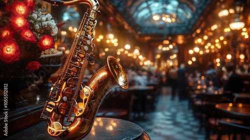 A golden saxophone rests on a table in a dimly lit jazz bar, with a blurred background of patrons enjoying drinks and conversation.