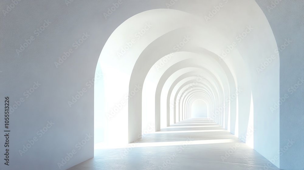 A long hallway with white arches leading to a view of the ocean. A long hallway with white arches leading to a view of the ocean.