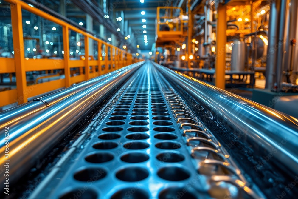 Close-up of a metal conveyor belt with circular holes in a factory setting. Close-up of a metal conveyor belt with circular holes in a factory setting.