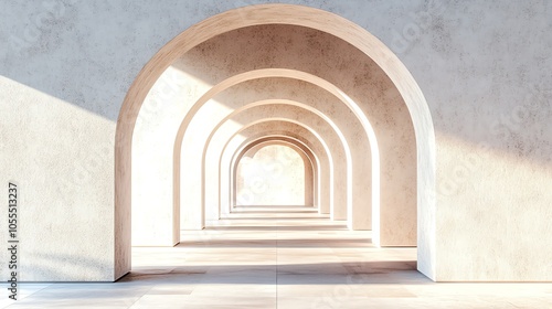 A long corridor lined with white arches, with sunlight shining through the end of the corridor.