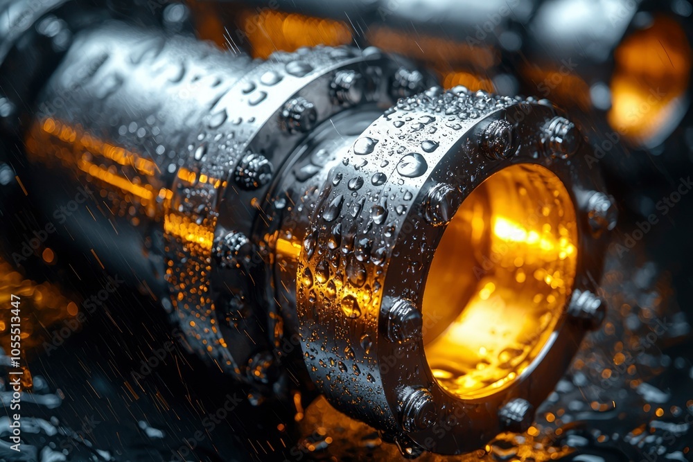 Wet Metal Pipe with Yellow Light Reflection and Water Droplets Wet Metal Pipe with Yellow Light Reflection and Water Droplets