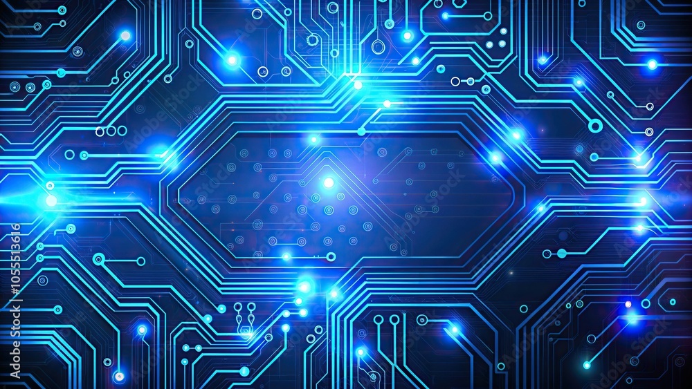 Digital circuit board background with glowing blue lines and neon lights, electronics, blue, electronic components Digital circuit board background with glowing blue lines and neon lights, electronics, blue, electronic components