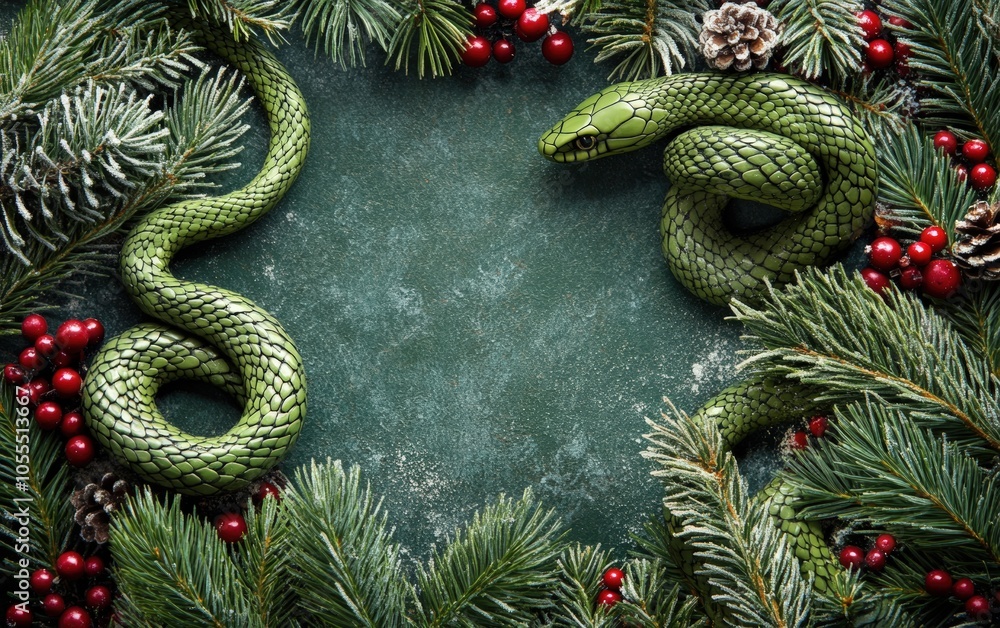 Elegant Snake and Fir Branches: A green snake entwined with frosty fir branches and berries, creating a festive frame around an open space for a holiday message Elegant Snake and Fir Branches: A green snake entwined with frosty fir branches and berries, creating a festive frame around an open space for a holiday message