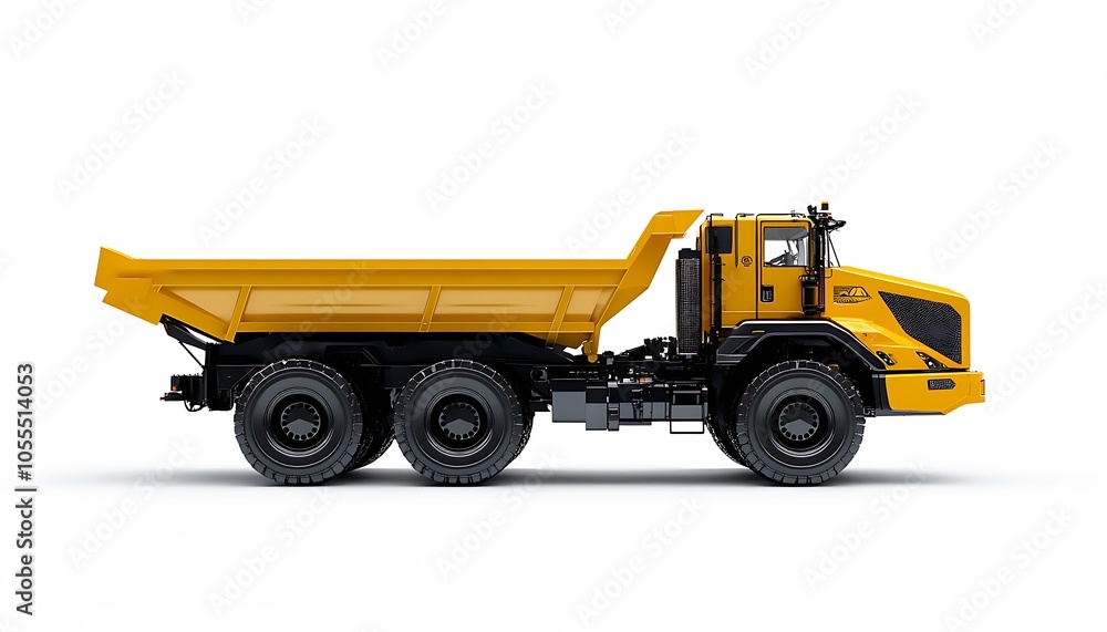A yellow dump truck designed for transporting and unloading materials in construction sites. A yellow dump truck designed for transporting and unloading materials in construction sites.