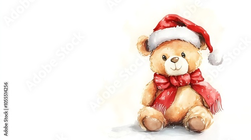 Sweet watercolor illustration of teddy bear in christmas hat and scarf with berries for winter holiday celebration and birthday gift design. New Year and Christmas concept. Cartoon character for card,