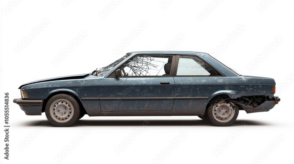 Naklejka premium Crashed Car 3D Rendering with Shattered Window on White Background