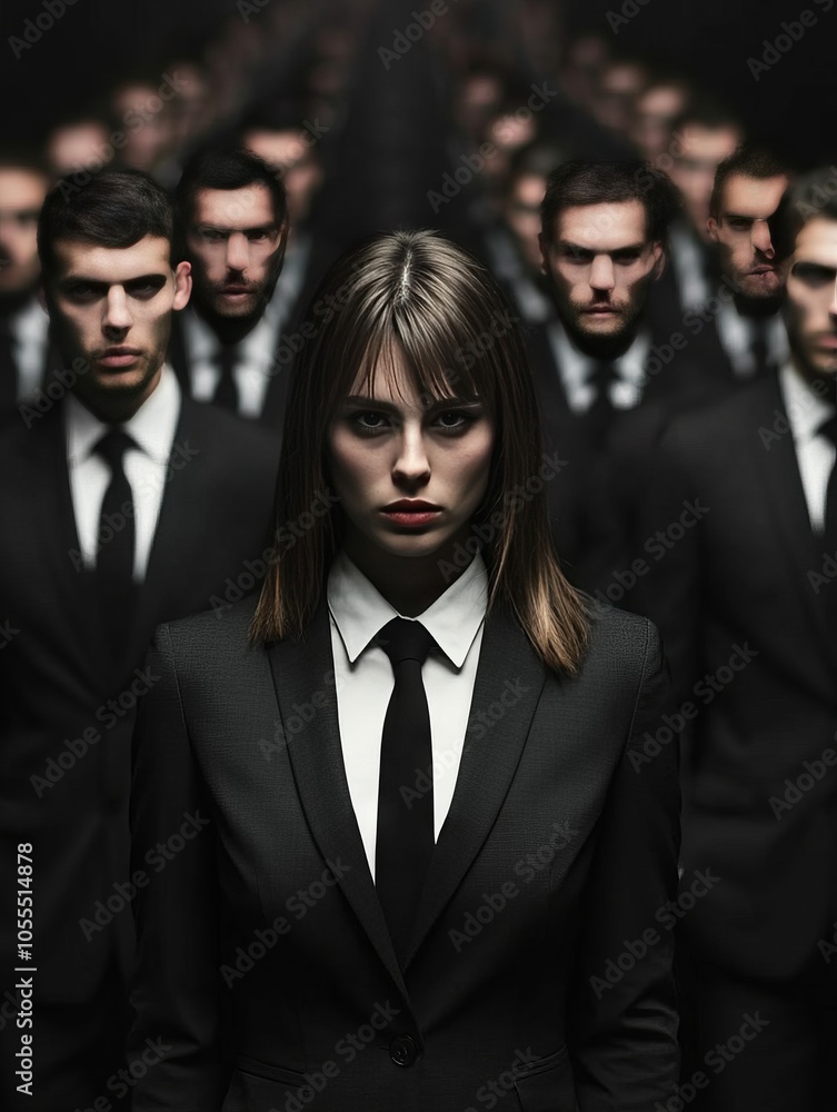 Woman in black suit leads a group of men. Woman in black suit leads a group of men.