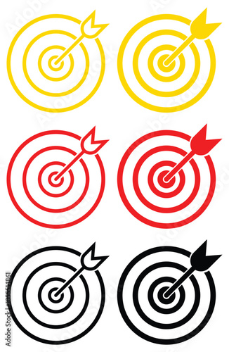 Target Bullseye with arrow line art icon for apps and websites. Target Acquisition Solid Icon. Vector icon goal in black, gold and red color. Arrows that successfully hit a target. 