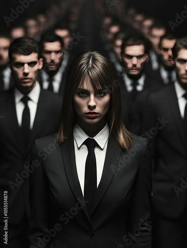 Woman in black suit leads a group of men.