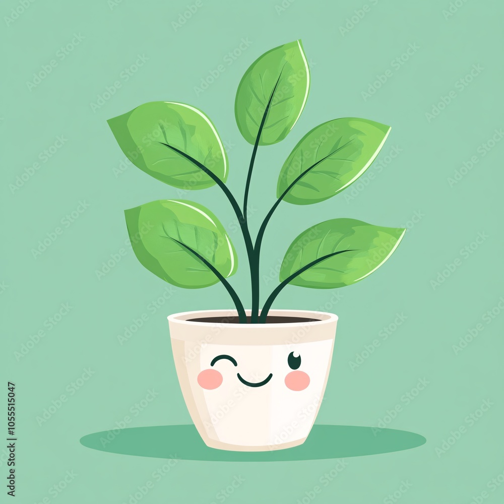 A cartoon plant in a pot, smiling and happy A cartoon plant in a pot, smiling and happy