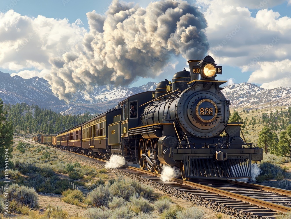 Steam locomotive speeding across the Transcontinental Railroad, vibrant colors of the landscape in motion, billowing smoke trailing behind Steam locomotive speeding across the Transcontinental Railroad, vibrant colors of the landscape in motion, billowing smoke trailing behind