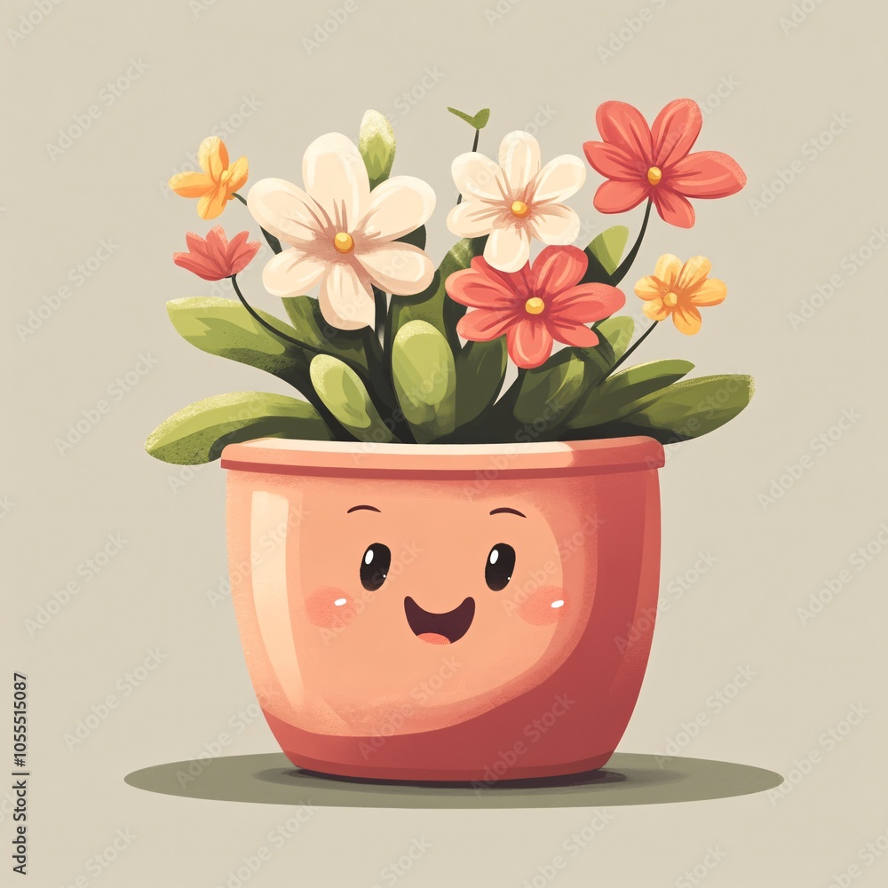 A cartoon plant pot with flowers and a cheerful face