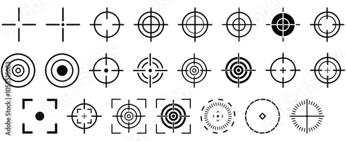 Set of Target Crosshair, gun sight vector icons. Bullseye, black and red target or aim symbol. Shooting mark sign. Archery, hunting and sports shooting. Game UI element. Isolated on white background.
