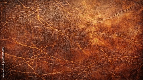 Distressed leather with deep scratches and scuffs creating a worn-in appearance, natural aging, aged leather, rugged texture