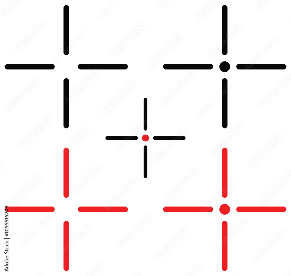 Set of Target Crosshair, gun sight vector icons. Bullseye, black and red target or aim symbol. Shooting mark sign. Archery, hunting and sports shooting. Game UI element. Isolated on white background. Set of Target Crosshair, gun sight vector icons. Bullseye, black and red target or aim symbol. Shooting mark sign. Archery, hunting and sports shooting. Game UI element. Isolated on white background.