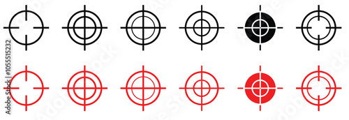 Set of Target Crosshair, gun sight vector icons. Bullseye, black and red target or aim symbol. Shooting mark sign. Archery, hunting and sports shooting. Game UI element. Isolated on white background.