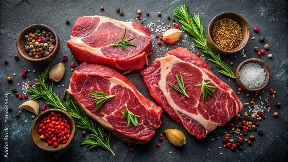 Raw Fresh Marbled Meat with Seasonings in Low Light Photography for Culinary Art Raw Fresh Marbled Meat with Seasonings in Low Light Photography for Culinary Art
