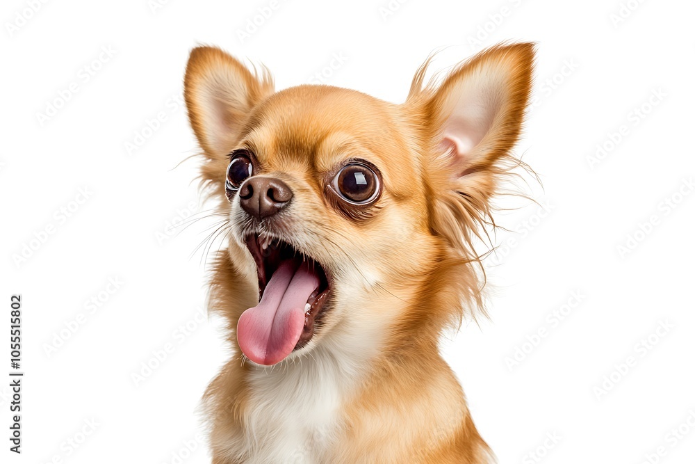 Headshot of a cute long-haired chihuahua dog panting with its mouth open, isolated on white Headshot of a cute long-haired chihuahua dog panting with its mouth open, isolated on white