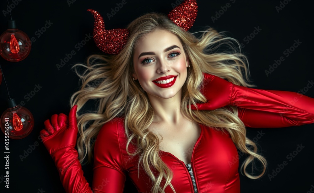 A cheerful woman with blonde hair dressed in a red devil costume, complete with glittery horns, lying down and surrounded by round red lights, celebrating Halloween. A cheerful woman with blonde hair dressed in a red devil costume, complete with glittery horns, lying down and surrounded by round red lights, celebrating Halloween.