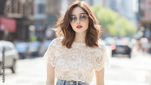 Casual lace tee in ivory, paired with distressed jeans for a chic everyday look photo