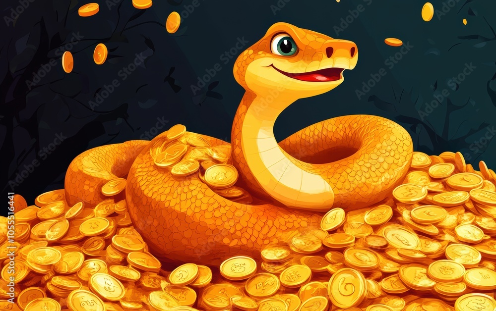 Fototapeta premium 2025 cartoon snake is sitting on a pile of gold coins. The snake is smiling and he is happy. Concept of wealth and abundance 