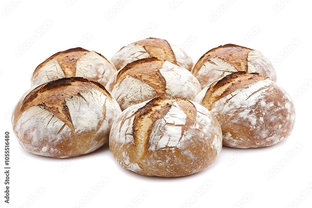 round sourdough loaves rest together against a bright white background, showcasing their golden-brown crusts and cracked surfaces dusted with flour round sourdough loaves rest together against a bright white background, showcasing their golden-brown crusts and cracked surfaces dusted with flour