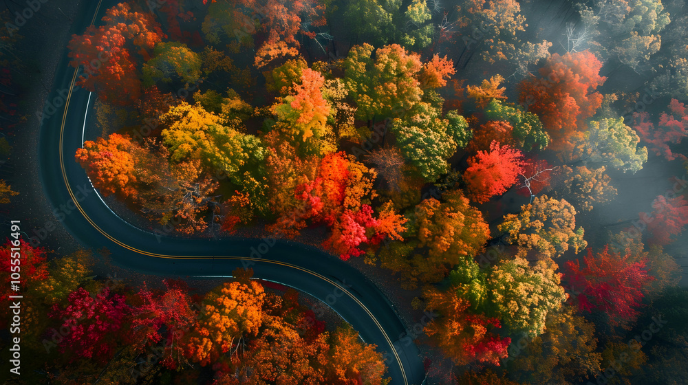 Aerial View of Winding Road Through Fall Foliage Aerial View of Winding Road Through Fall Foliage