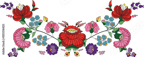 Hungarian Kalocsai Embroidery Flower Embroidery, Abstract Floral Motifs. Edge Decoration Trim Border Decoration. Designs For Fexture, Fabric, Clothing, Wrapping, Decoration, etc. Vector Illustration.
