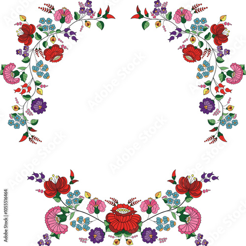 Hungarian Kalocsai Embroidery Flower Embroidery, Abstract Floral Motifs. Edge Decoration Trim Border Decoration. Designs For Fexture, Fabric, Clothing, Wrapping, Decoration, etc. Vector Illustration.

