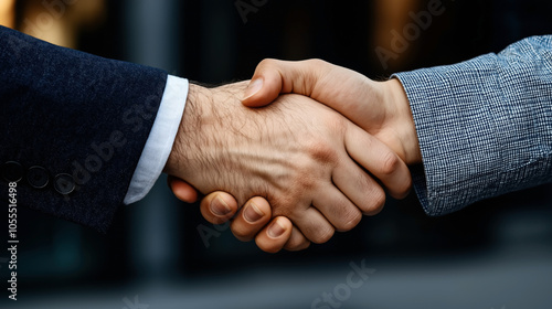 Close-up of two people shaking hands, representing a business agreement or partnership, with both wearing formal suits.