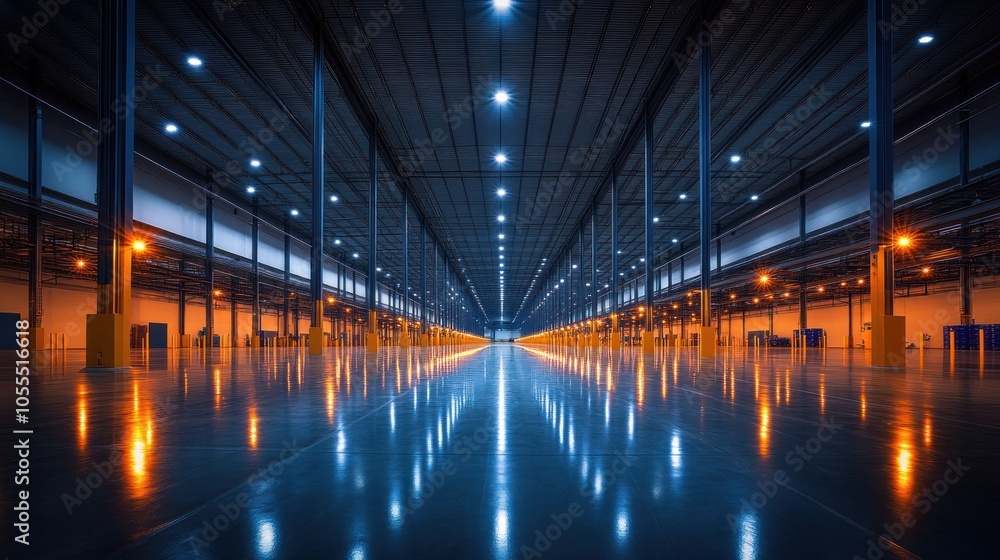 Empty Warehouse with Rows of Steel Supports and Glowing Lights Reflecting on the Floor Empty Warehouse with Rows of Steel Supports and Glowing Lights Reflecting on the Floor