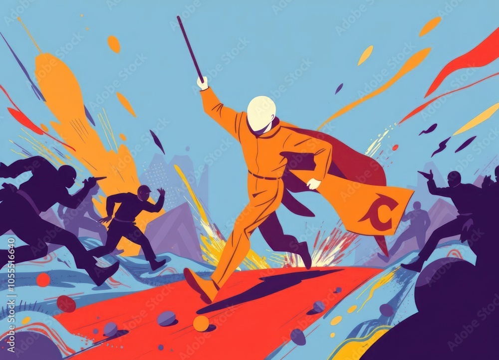 A superhero runs on a red path A superhero runs on a red path