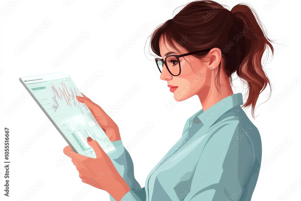 Elegant Woman Analyzing Data on a Tablet Illustration Elegant Woman Analyzing Data on a Tablet Illustration