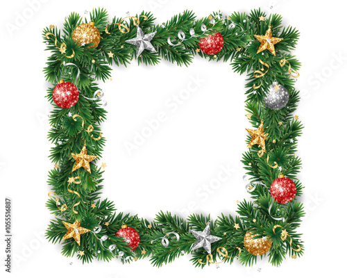 Christmas square wreath with red and gold glitter ornaments. Christmas tree decoration. Holiday fir tree garland. Festive winter season frame, spruce branches. Transparent background in vector file.