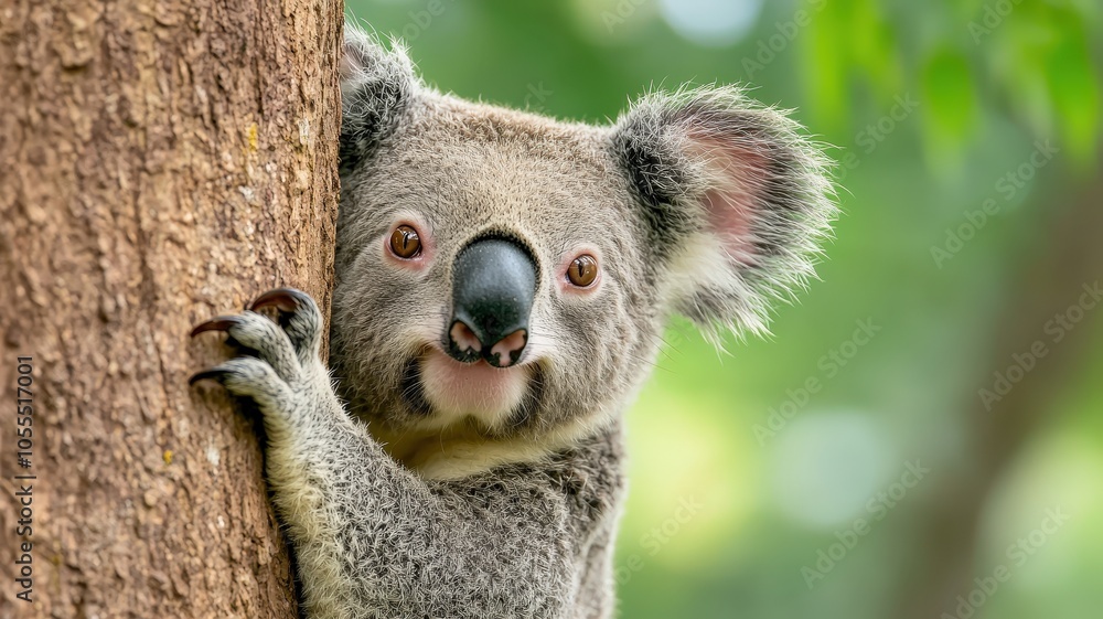 Fototapeta premium Curious Koala Peeking from Behind a Tree Trunk