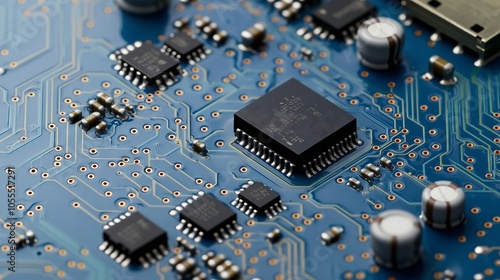 Electronic circuit board showing microchips and components photo