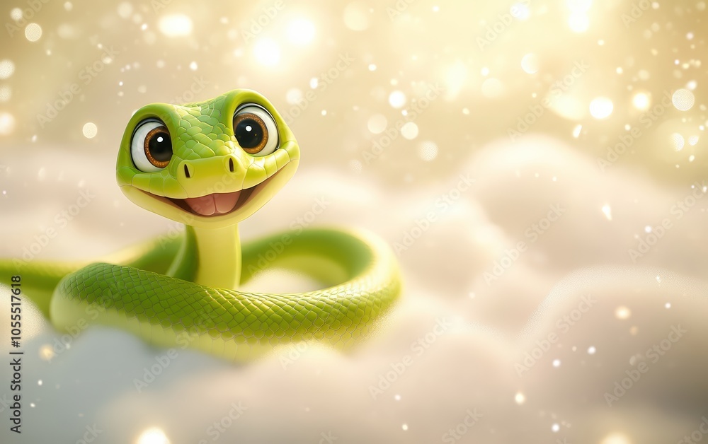 Happy Cartoon Green Snake Background: A cheerful, 3D green snake with big eyes and a friendly smile, coiled playfully on a bright background with soft clouds and sparkles, leaving space for text - Happy Cartoon Green Snake Background: A cheerful, 3D green snake with big eyes and a friendly smile, coiled playfully on a bright background with soft clouds and sparkles, leaving space for text -