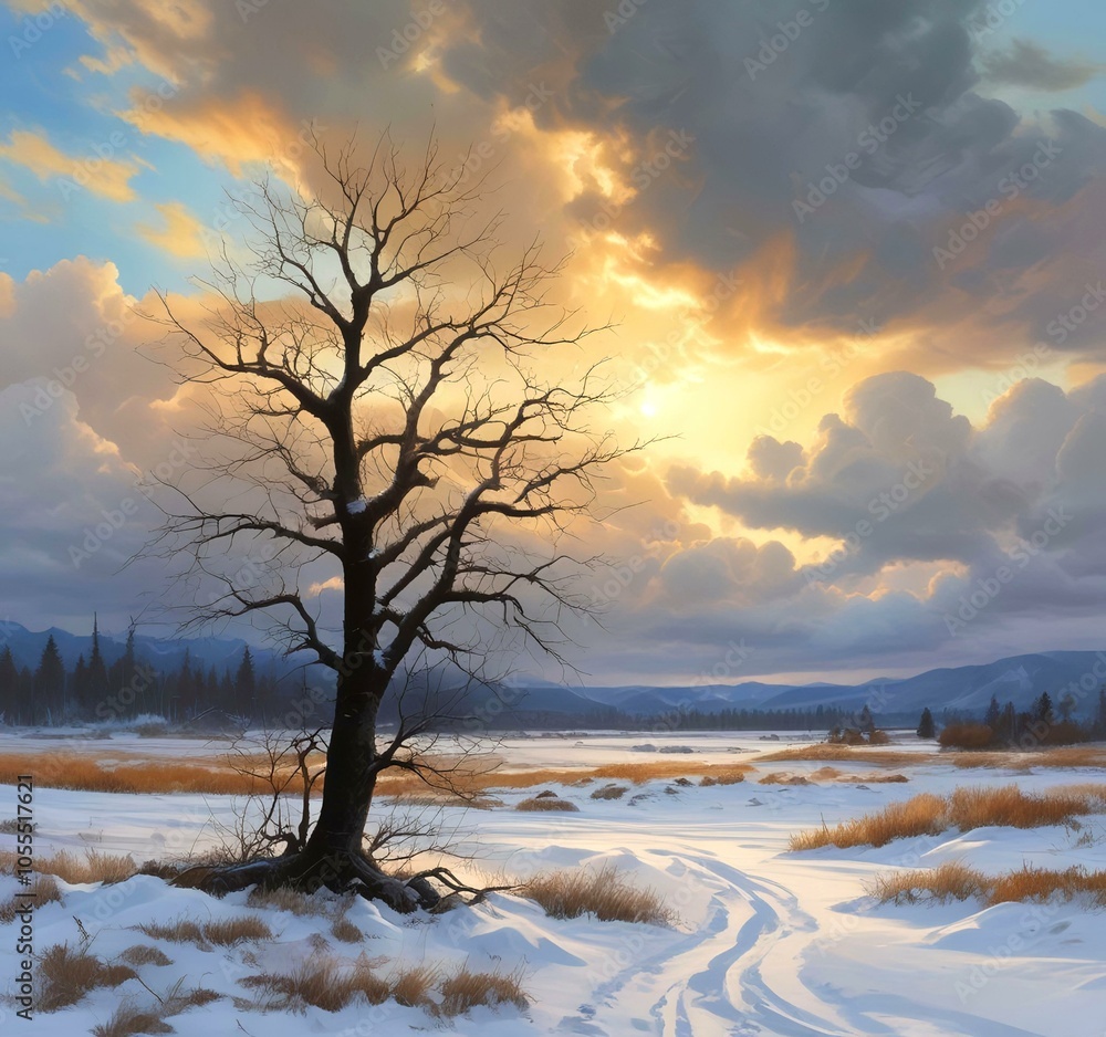 Illustration of winter season with sunrise. Illustration of winter season with sunrise.