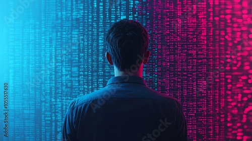 A human figure in front of a digital mirror, with their digital reflection showing locked away data files floating behind glass