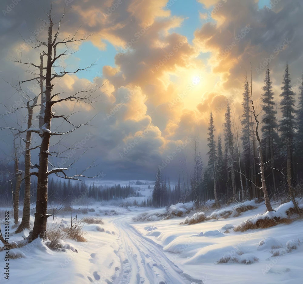 Illustration of winter season with sunrise. Illustration of winter season with sunrise.