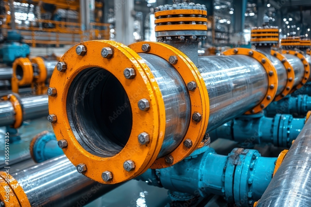 Close-up of Industrial Piping with Yellow Flanges and Bolts Close-up of Industrial Piping with Yellow Flanges and Bolts