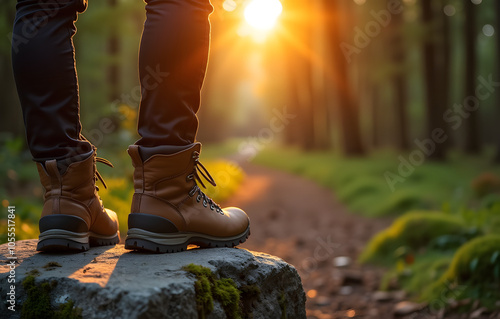 Casual man standing on a rock wearing brown hiking boots with a beautiful sunset in the forest