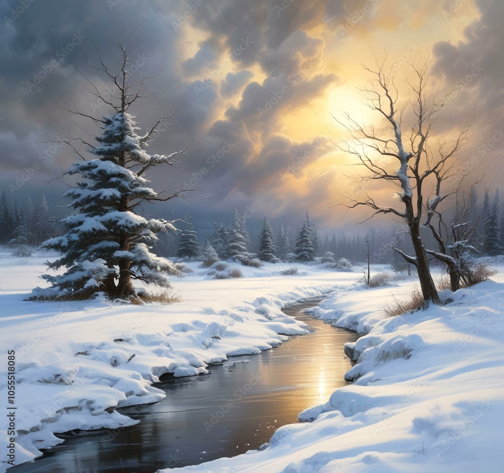 Illustration of winter season with sunrise. Illustration of winter season with sunrise.