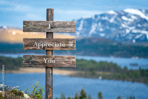 i appreciate you text quote on wooden signpost outdoors in mountain scenery during blue hour. photo