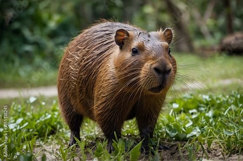 Close-up of a capybara in the wild, standing near the water's edge. This social creature embodies peace and tranquility in the midst of nature