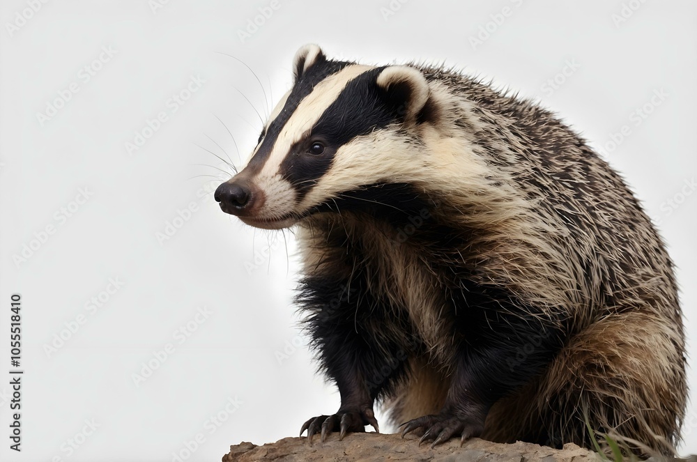 A close-up of a badger, showcasing the details of its face and fur against a white background. This iconic Meles meles profile stands out with clarity and contrast A close-up of a badger, showcasing the details of its face and fur against a white background. This iconic Meles meles profile stands out with clarity and contrast