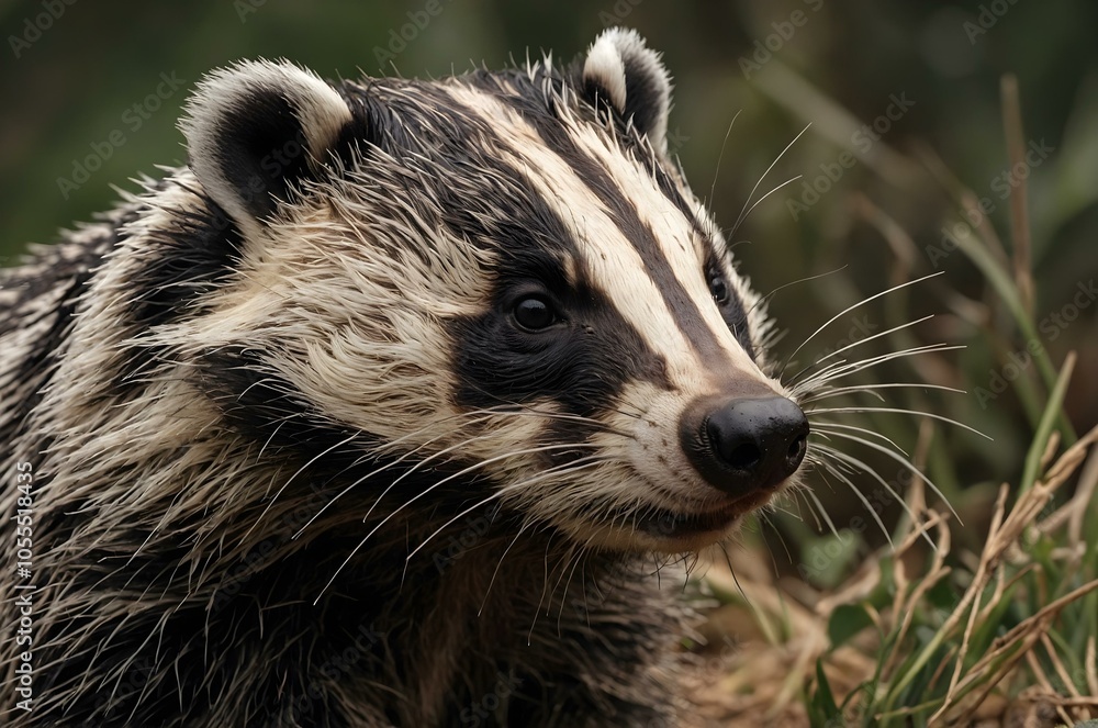Close-up of a wild badger, displaying its characteristic fur and stripes. The Meles meles roams the forest floor, embodying the beauty of the natural world Close-up of a wild badger, displaying its characteristic fur and stripes. The Meles meles roams the forest floor, embodying the beauty of the natural world